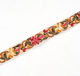 Vyšívaná stuha šantung malé květy červené/žluté