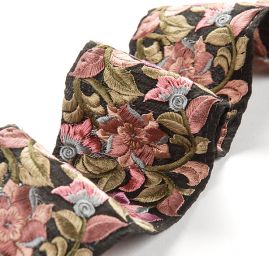 Vyšívaná stuha šantung široká starorůžové květy