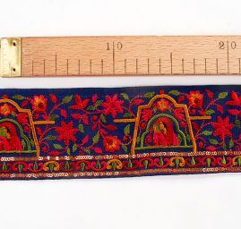 Vyšívaná stuha šantung motiv madony modrá