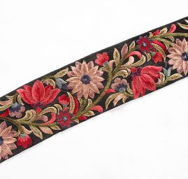 Vyšívaná šantungová stuha široká hnědý květ