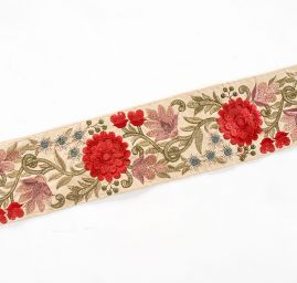 Vyšívaná stuha šantung široká červený květ