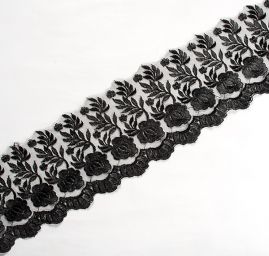 Krajka lem jemná výšivka na tylu růží černá