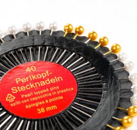 Špendlíky perleť hlavička 38mm bílá/zlatá 40ks