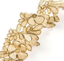 Krajková kovová stuha květy s listy zlatá
