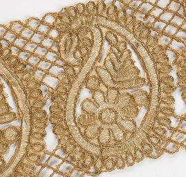 Krajková kovová stuha široký paisley vzor zlatá