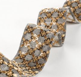 Šantungová stuha vyšívaná s flitry ocelově šedá