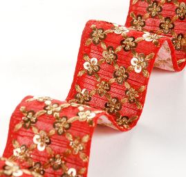 Šantungová stuha vyšívaná s flitry červená