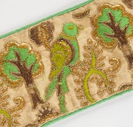 Stuha vyšívaná na šantungu ptáci zelená