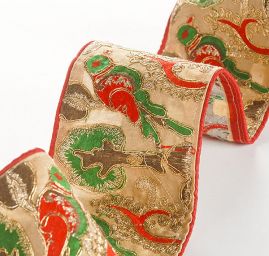 Stuha vyšívaná na šantungu ptáci červená