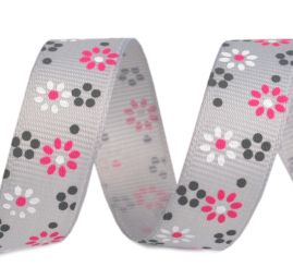 Stuha rypsová šíře 15mm tisk kytičky šedá