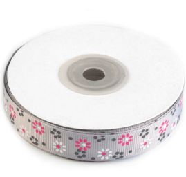 Stuha rypsová šíře 15mm tisk kytičky šedá