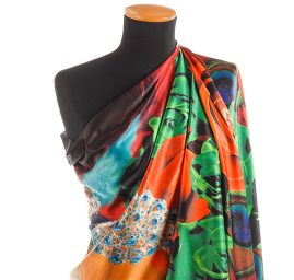 Efektní šála s třásněmi paví pera/růže oranžová