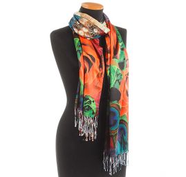 Efektní šála s třásněmi paví pera/růže oranžová