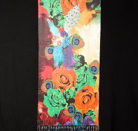 Efektní šála s třásněmi paví pera/růže oranžová