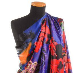 Efektní šála s třásněmi paví pera/růže červená