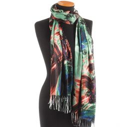 Efektní šála s třásněmi šperk/květy rezavomodrá