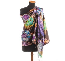 Efektní šála s třásněmi šperk/květy fialová