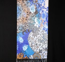 Efektní šála motiv květů modrá/hnědá