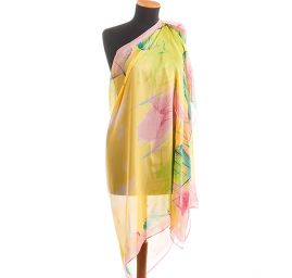 Efektní šála motiv listy pastel žlutá