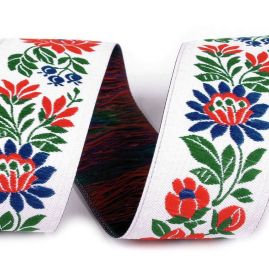 Stuha krojová vyšívaná 3,5cm červený/modrý květ bílá