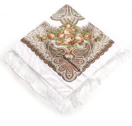 Šátek bavlna tisk folklórní vzor 130x130cm bílý/hnědý