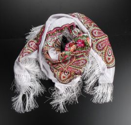 Šátek bavlna tisk folklórní vzor 130x130cm bílý/vínový