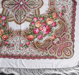 Šátek bavlna tisk folklórní vzor 130x130cm bílý/vínový