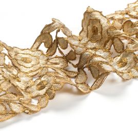Krajková kovová stuha květinový vzor starozlatá