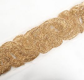 Stuha rexová výšivka na tylu květinový vzor zlatá kupón