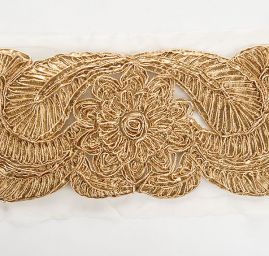 Stuha rexová výšivka na tylu květinový vzor zlatá kupón