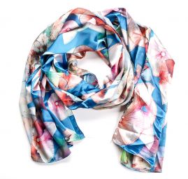 Saténová šála se vzorem vějřků v modrém