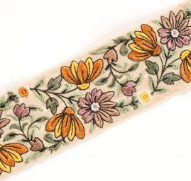 Vyšívaná stuha šantung květinový vzor oranžovo-zelená