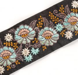 Vyšívaná stuha šantung květinový vzor tyrkysovo-žlutá