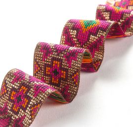 Stuha žakárová etno motiv oranžovorůžová