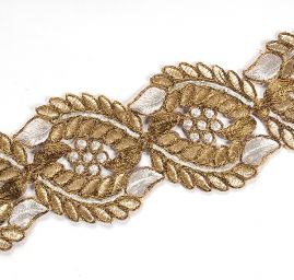 Krajková kovová stuha zlatobéžová listy/květy