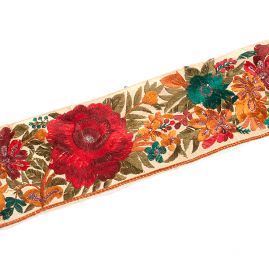 Vyšívaná stuha s flitry šantung široká červené květy 