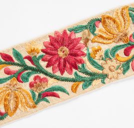 Vyšívaná stuha šantung širší květy žluté