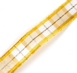 Stuha taft žlutostříbrná kostka s drátkem 2 cm