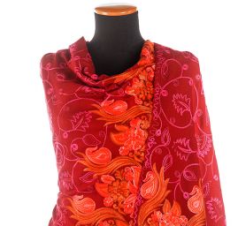 Šála pléd skořicová s květinovou růžovou výšivkou