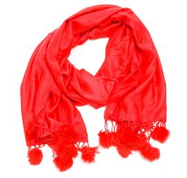 Šála směs kašmír/hedvábí s bambulkami červená 