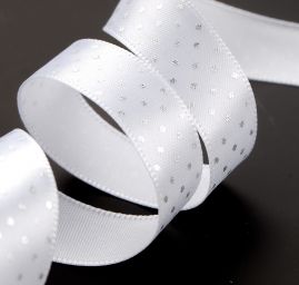Atlasová stuha bílá stříbrné puntíky 15mm