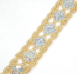 Krajka s výšivkou na tylu s flitry zlatostříbrná