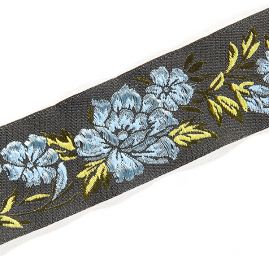Stuha vyšívané květy sv. modrá/černá úzká