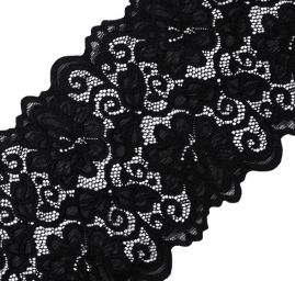 Pružná krajka lem květinový vzor 15cm černá