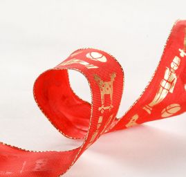 Stuha tisk vánoční motiv hraček červená/zlatá