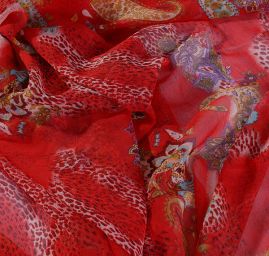 Šifon kreš zvířecí motiv/kašmírovvý vzor červený