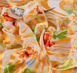 Hedvábný šifon motýlci žlutý podklad