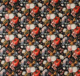 Dekorační látka květy menší na černém podkladě