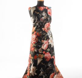 Dekorační látka květy velké na černém podkladě