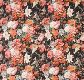 Dekorační látka květy velké na černém podkladě